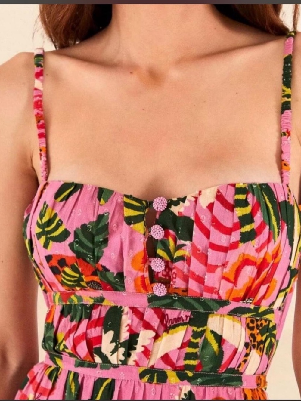 🐅Farm Rio for Anthropologie Pink Forest Print Midi Open Back Summer Dress Large - Picture 4 of 11